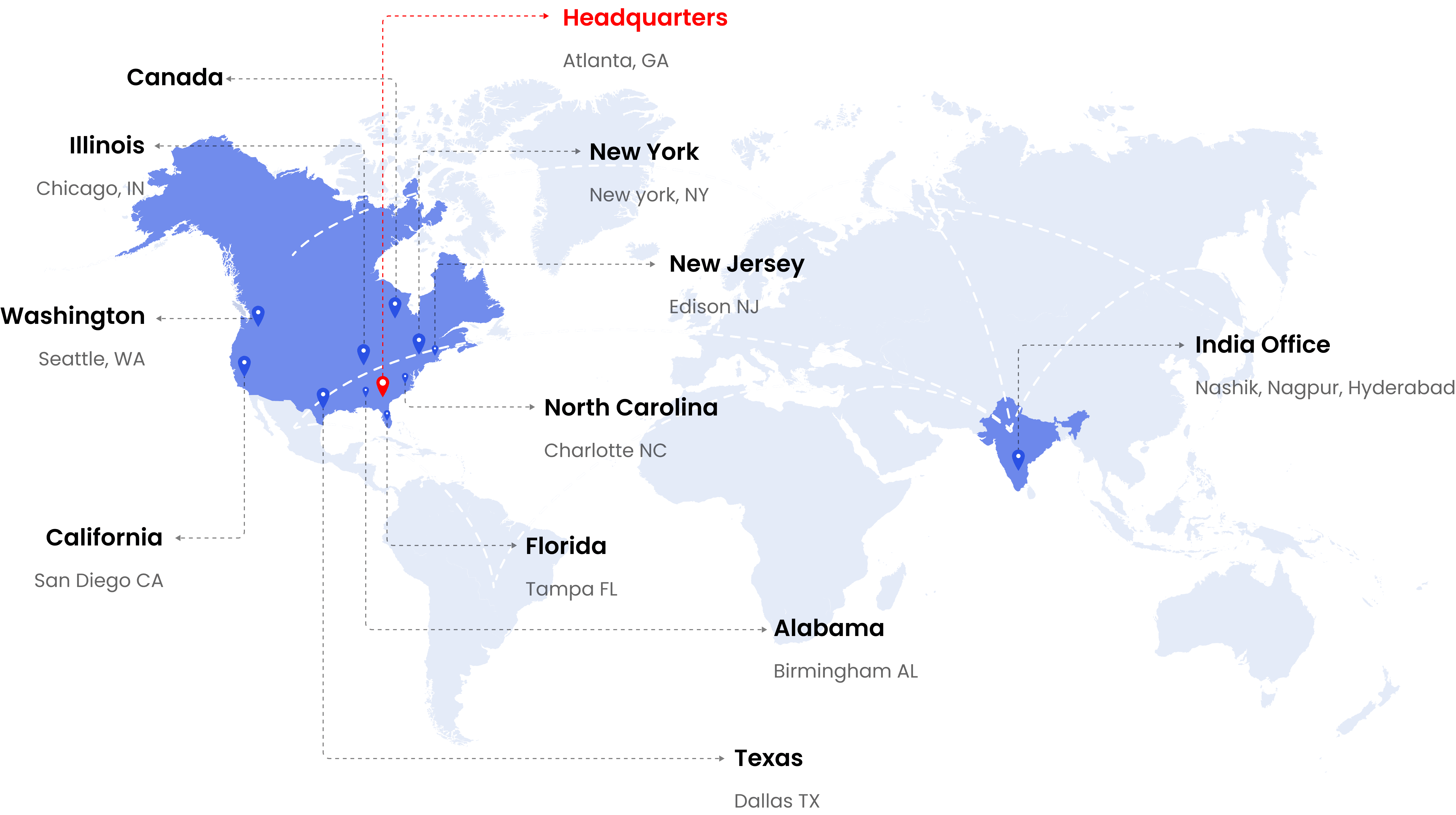 Ztek global footprint map highlighting North America and India